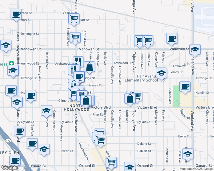 map of restaurants, bars, coffee shops, grocery stores, and more near 6528 Beck Avenue in Los Angeles