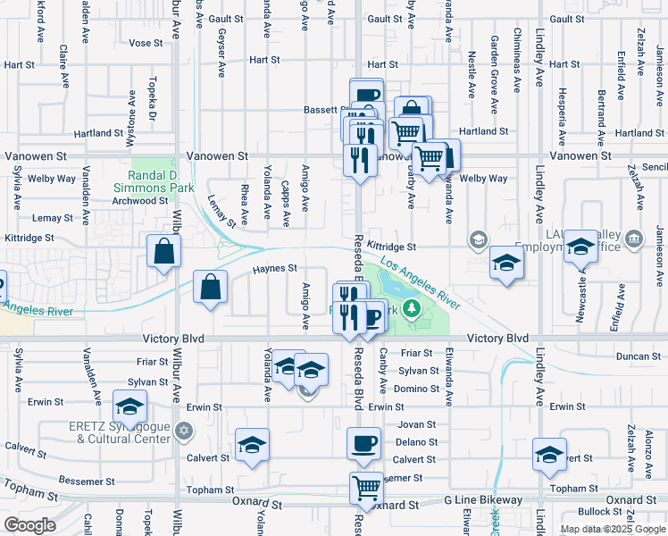 map of restaurants, bars, coffee shops, grocery stores, and more near 6538 Baird Avenue in Los Angeles