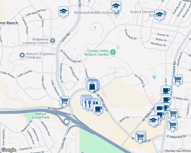 map of restaurants, bars, coffee shops, grocery stores, and more near 463 Arbor Lane Court in Thousand Oaks