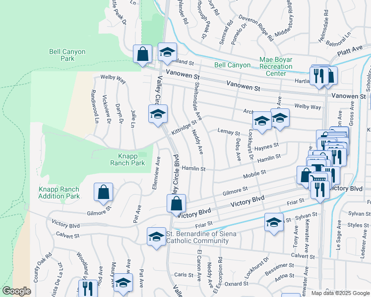 map of restaurants, bars, coffee shops, grocery stores, and more near 6545 Franrivers Avenue in Los Angeles