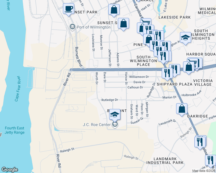 map of restaurants, bars, coffee shops, grocery stores, and more near 205 Calhoun Drive in Wilmington