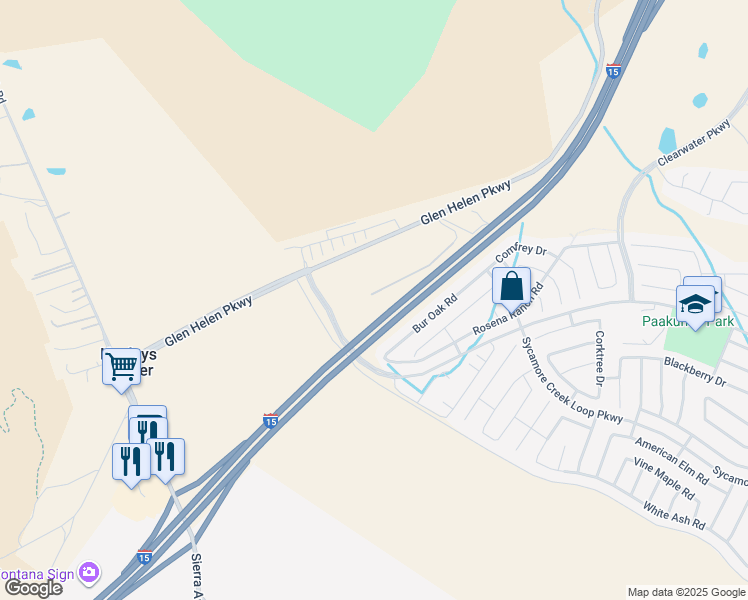 map of restaurants, bars, coffee shops, grocery stores, and more near 17335 Glen Helen Parkway in San Bernardino