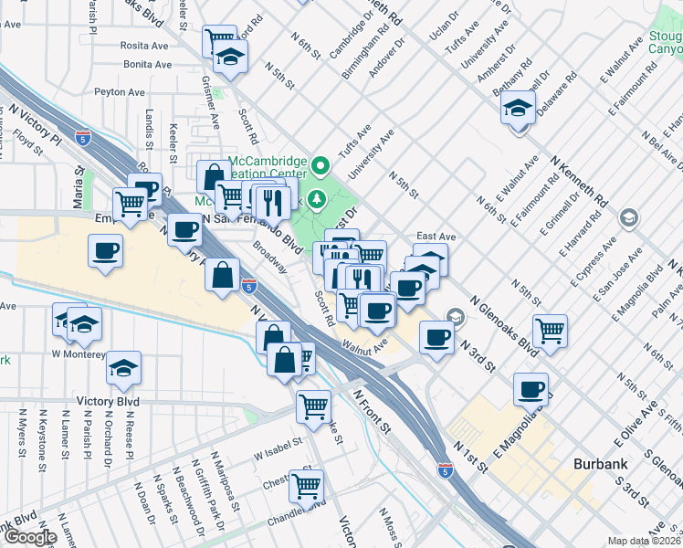 map of restaurants, bars, coffee shops, grocery stores, and more near 1212 North San Fernando Boulevard in Burbank