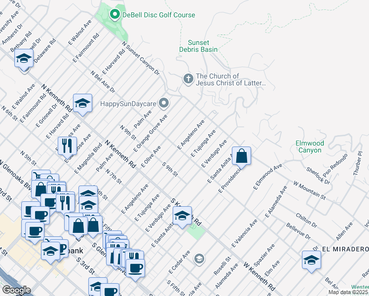 map of restaurants, bars, coffee shops, grocery stores, and more near 1006 East Angeleno Avenue in Burbank