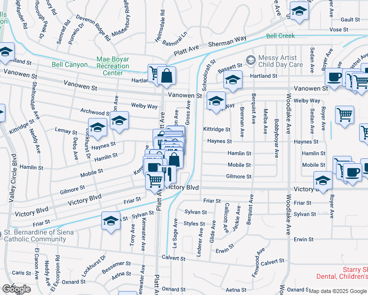 map of restaurants, bars, coffee shops, grocery stores, and more near 6537 Gross Avenue in Los Angeles