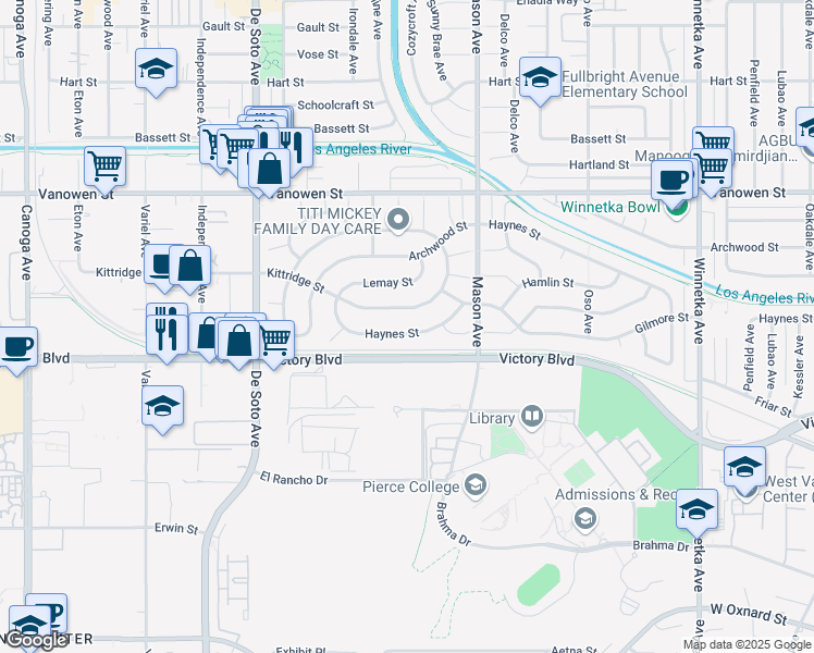 map of restaurants, bars, coffee shops, grocery stores, and more near 20615 Haynes Street in Los Angeles