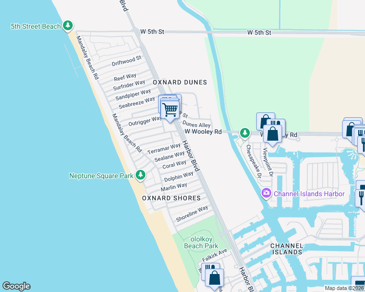 map of restaurants, bars, coffee shops, grocery stores, and more near 5000 Terramar Way in Oxnard