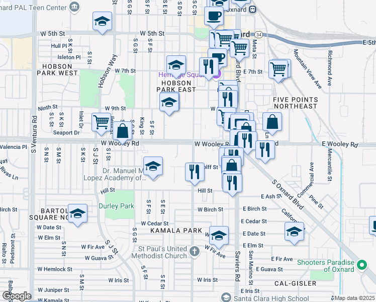 map of restaurants, bars, coffee shops, grocery stores, and more near 398 West Wooley Road in Oxnard