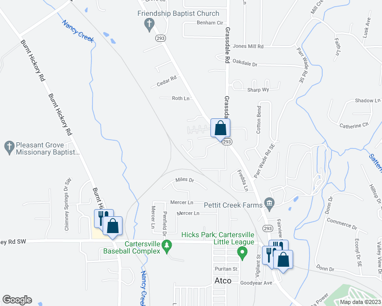 map of restaurants, bars, coffee shops, grocery stores, and more near 44 Middlebrook Drive in Cartersville