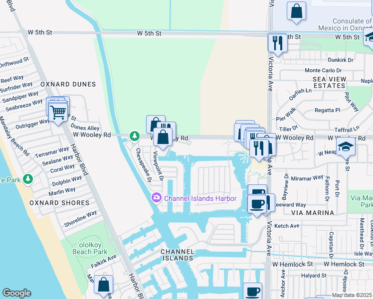 map of restaurants, bars, coffee shops, grocery stores, and more near 4278 Tradewinds Drive in Oxnard