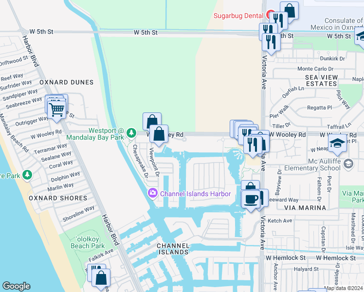 map of restaurants, bars, coffee shops, grocery stores, and more near 4218 Tradewinds Drive in Oxnard