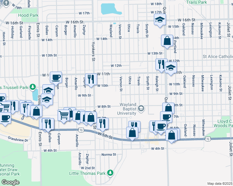 map of restaurants, bars, coffee shops, grocery stores, and more near 1900 West 7th in Plainview