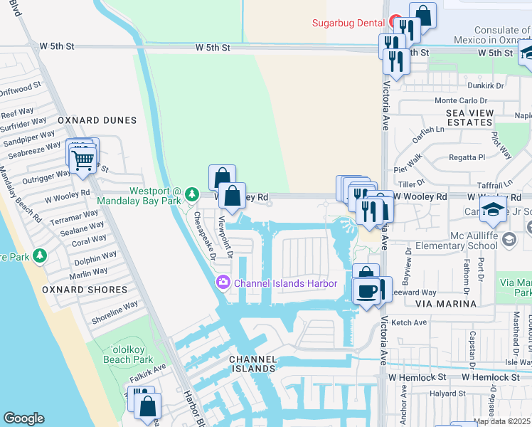 map of restaurants, bars, coffee shops, grocery stores, and more near 4218 Tradewinds Drive in Oxnard