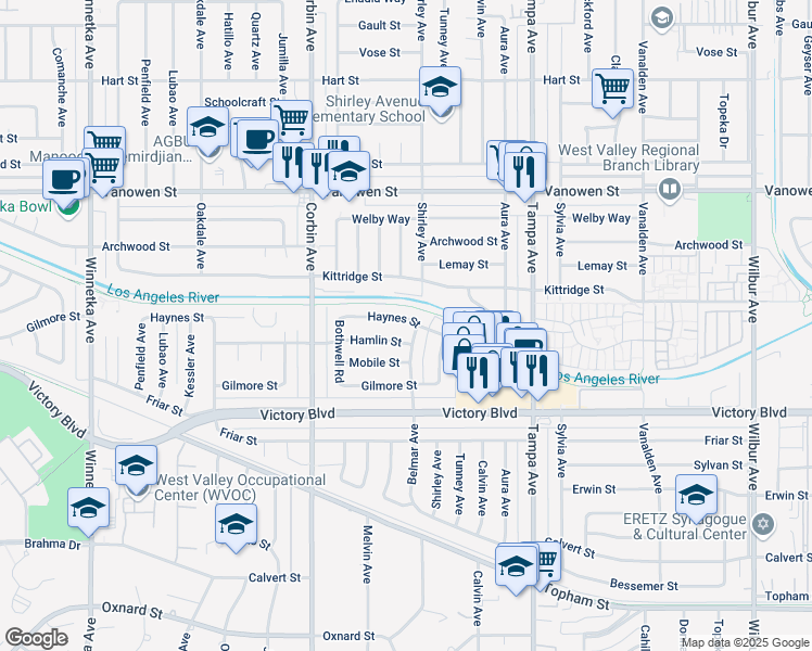 map of restaurants, bars, coffee shops, grocery stores, and more near 19514 Haynes Street in Los Angeles