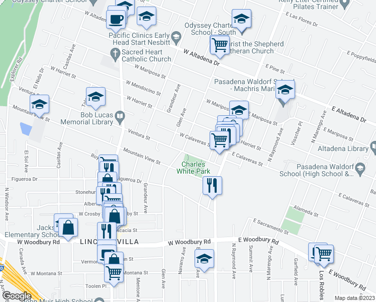 map of restaurants, bars, coffee shops, grocery stores, and more near 2592 Glenrose Avenue in Altadena