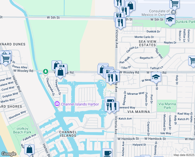 map of restaurants, bars, coffee shops, grocery stores, and more near 4012 Tradewinds Drive in Oxnard