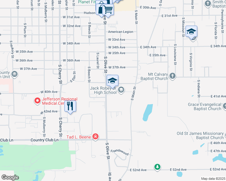 map of restaurants, bars, coffee shops, grocery stores, and more near 4101 South Olive Street in Pine Bluff