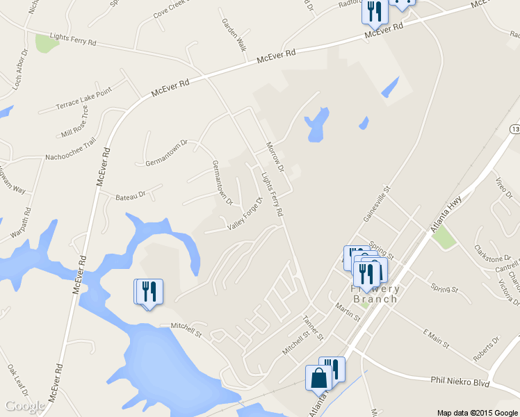 map of restaurants, bars, coffee shops, grocery stores, and more near 7039 Valley Forge Dr in Flowery Branch