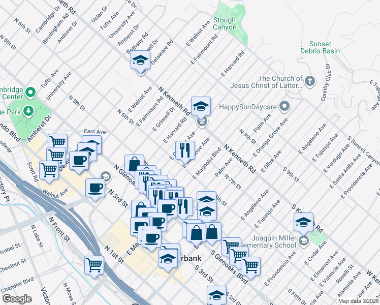 map of restaurants, bars, coffee shops, grocery stores, and more near 644 East San Jose Avenue in Burbank