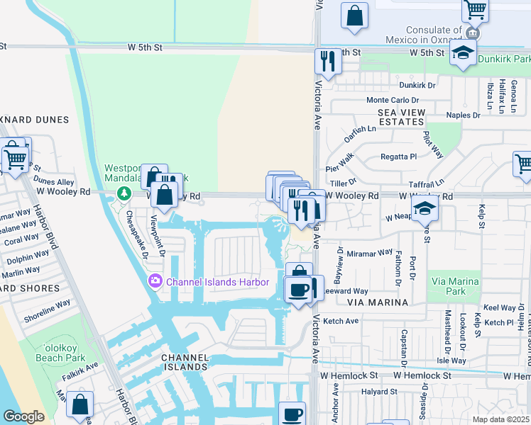 map of restaurants, bars, coffee shops, grocery stores, and more near 4012 Tradewinds Drive in Oxnard