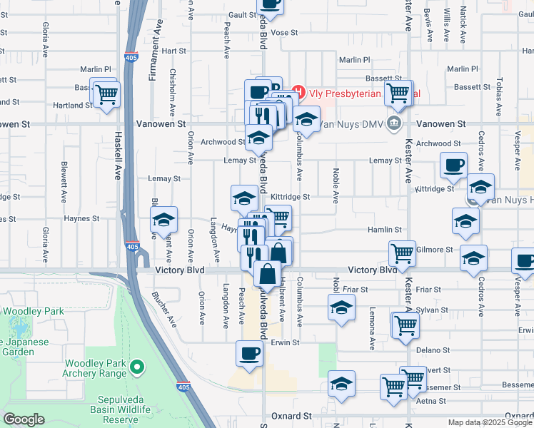 map of restaurants, bars, coffee shops, grocery stores, and more near 6530 Sepulveda Boulevard in Los Angeles