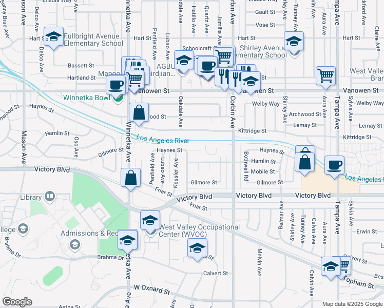map of restaurants, bars, coffee shops, grocery stores, and more near 19840 Haynes Street in Los Angeles