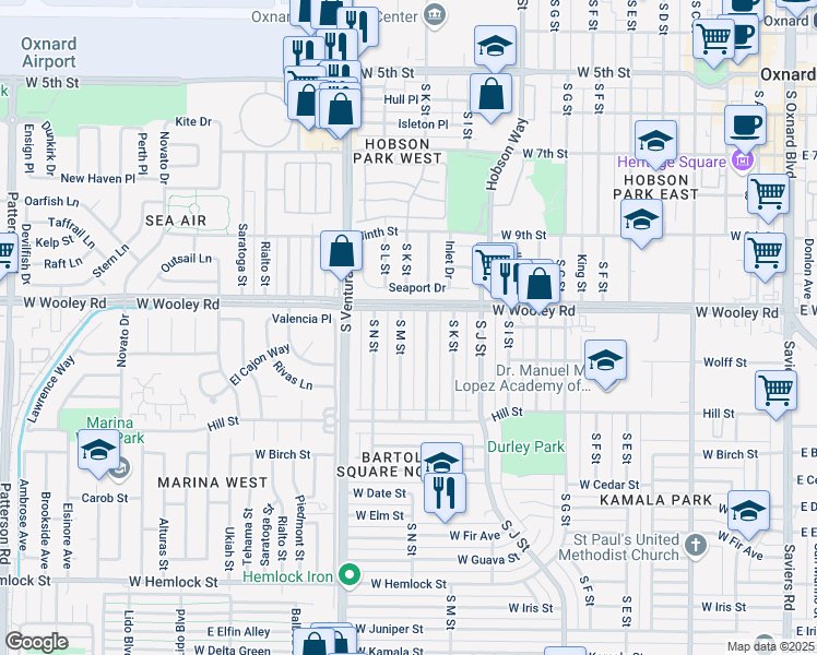 map of restaurants, bars, coffee shops, grocery stores, and more near 1127 South M Street in Oxnard