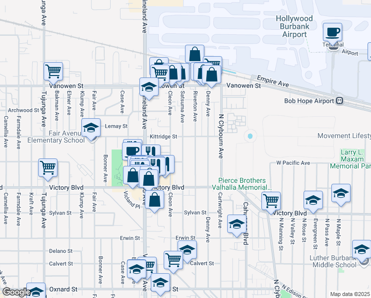 map of restaurants, bars, coffee shops, grocery stores, and more near 6530 Satsuma Avenue in Los Angeles