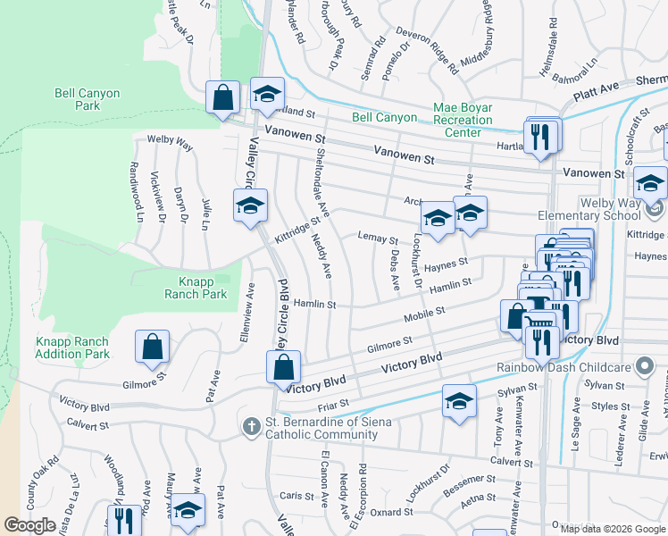 map of restaurants, bars, coffee shops, grocery stores, and more near 6546 Neddy Avenue in Los Angeles