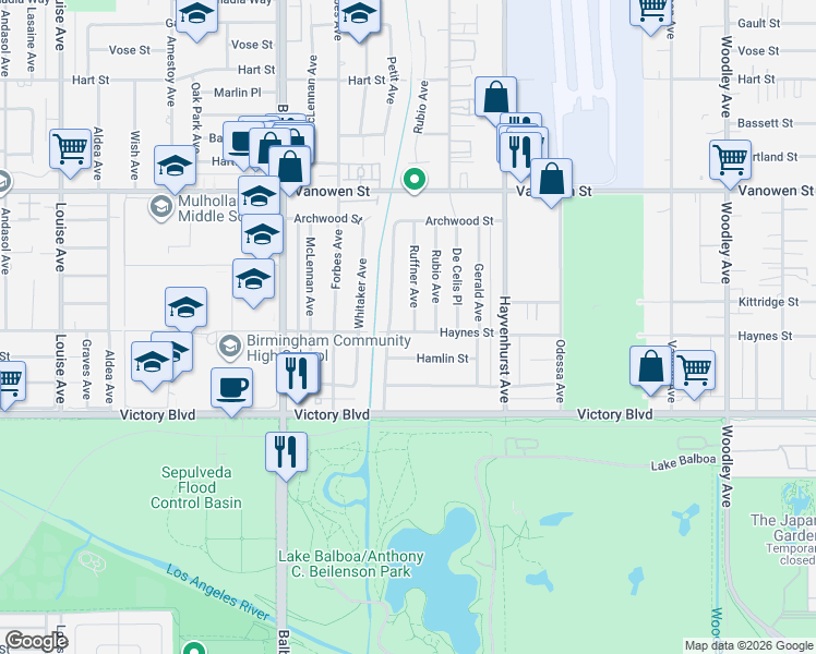 map of restaurants, bars, coffee shops, grocery stores, and more near 6525 Ruffner Avenue in Los Angeles