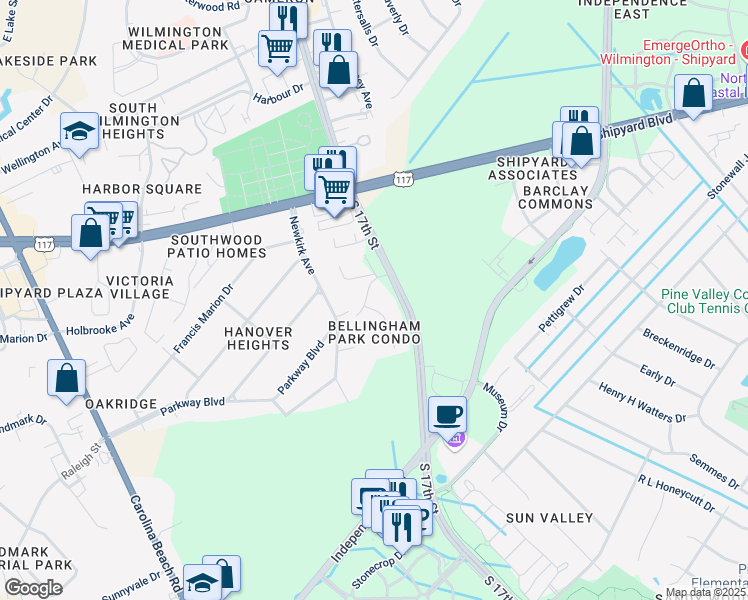 map of restaurants, bars, coffee shops, grocery stores, and more near 2801 Bloomfield Lane in Wilmington