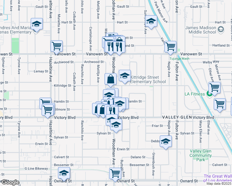 map of restaurants, bars, coffee shops, grocery stores, and more near 6546 Woodman Avenue in Los Angeles