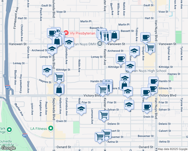 map of restaurants, bars, coffee shops, grocery stores, and more near 14954 Haynes Street in Los Angeles