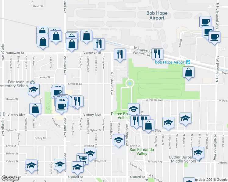 map of restaurants, bars, coffee shops, grocery stores, and more near 6530 Clybourn Avenue in Los Angeles