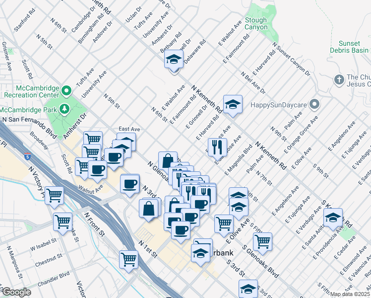 map of restaurants, bars, coffee shops, grocery stores, and more near 512 East Grinnell Drive in Burbank