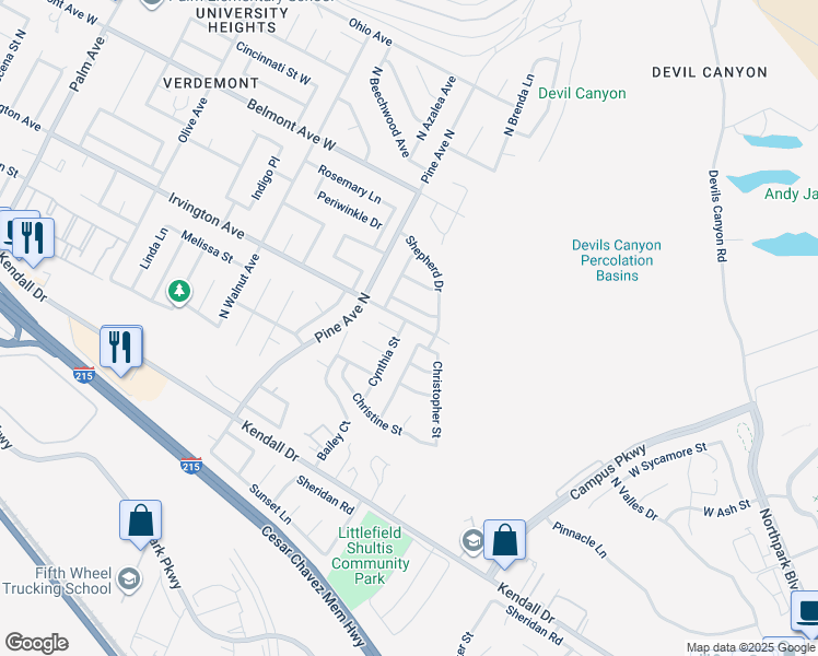 map of restaurants, bars, coffee shops, grocery stores, and more near 5941 Cynthia Street in San Bernardino