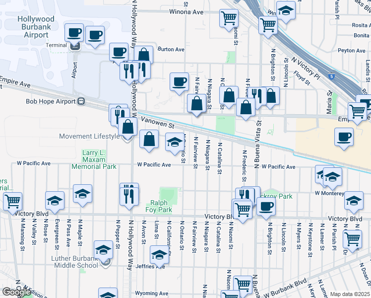 map of restaurants, bars, coffee shops, grocery stores, and more near 1960 North Ontario Street in Burbank