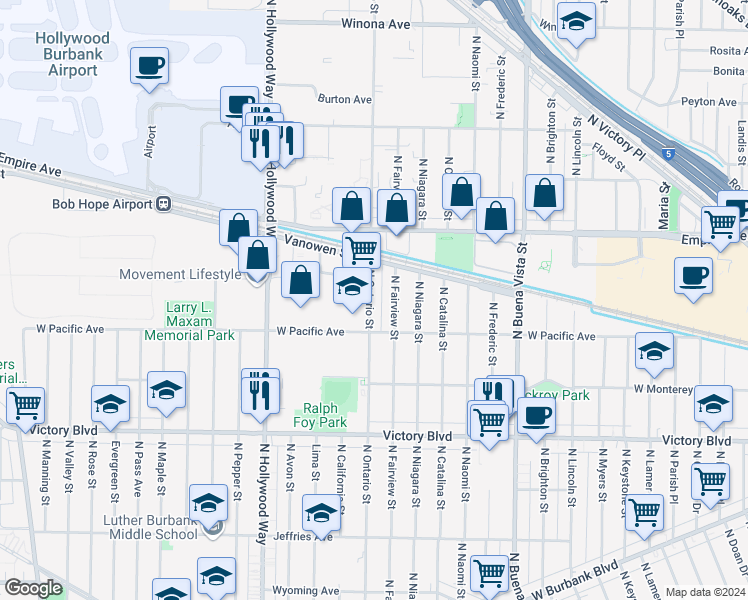 map of restaurants, bars, coffee shops, grocery stores, and more near 1960 North Ontario Street in Burbank