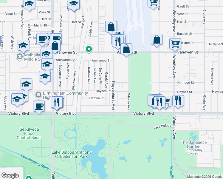 map of restaurants, bars, coffee shops, grocery stores, and more near 6525 Hayvenhurst Avenue in Los Angeles