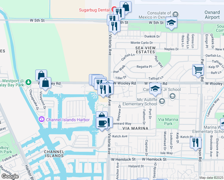 map of restaurants, bars, coffee shops, grocery stores, and more near 3764 Via Pacifica Walk in Oxnard