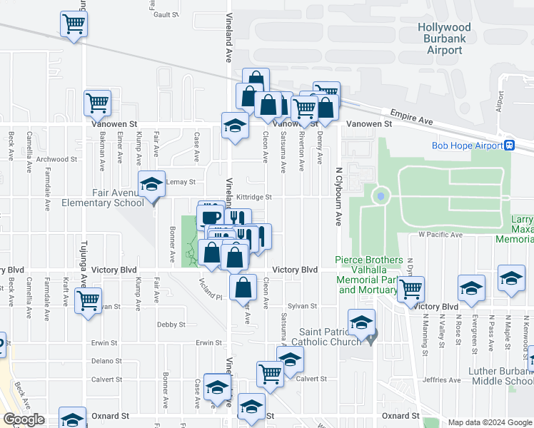 map of restaurants, bars, coffee shops, grocery stores, and more near 6530 Cleon Avenue in Los Angeles
