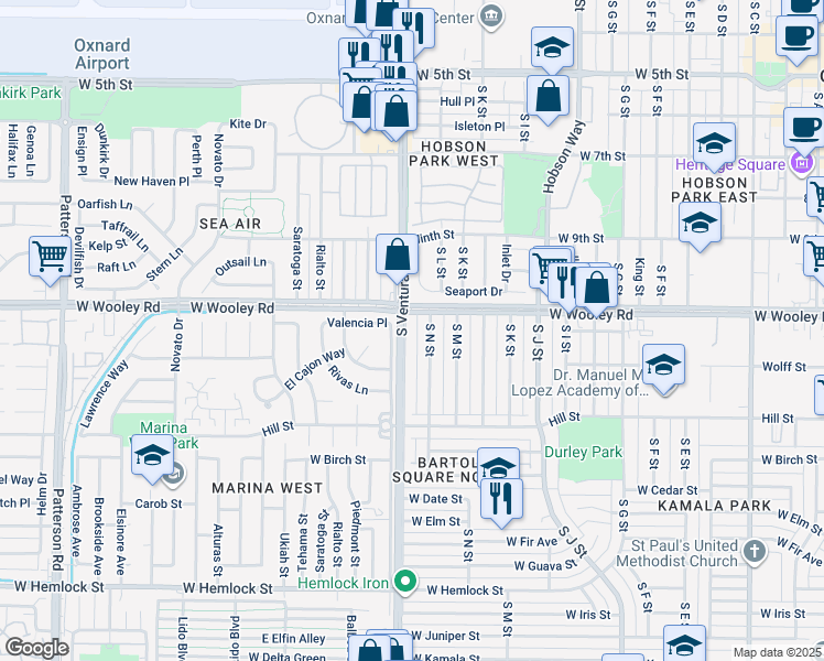 map of restaurants, bars, coffee shops, grocery stores, and more near 1126 South Ventura Road in Oxnard