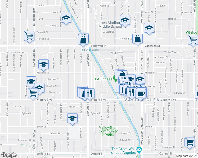 map of restaurants, bars, coffee shops, grocery stores, and more near 6535 Mary Ellen Avenue in Los Angeles