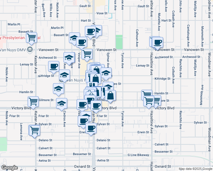map of restaurants, bars, coffee shops, grocery stores, and more near 14428 Haynes Street in Los Angeles