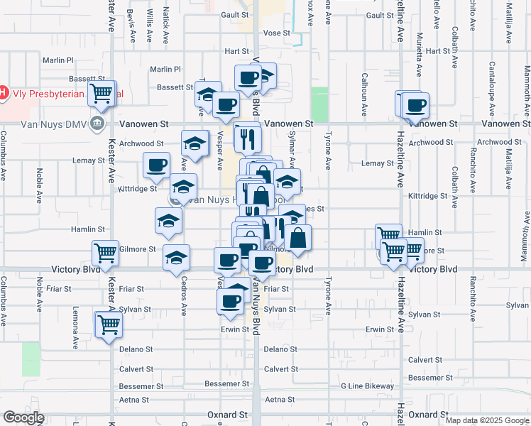 map of restaurants, bars, coffee shops, grocery stores, and more near 14428 Haynes Street in Los Angeles
