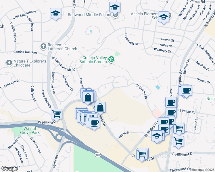 map of restaurants, bars, coffee shops, grocery stores, and more near 824 Pinetree Circle in Thousand Oaks
