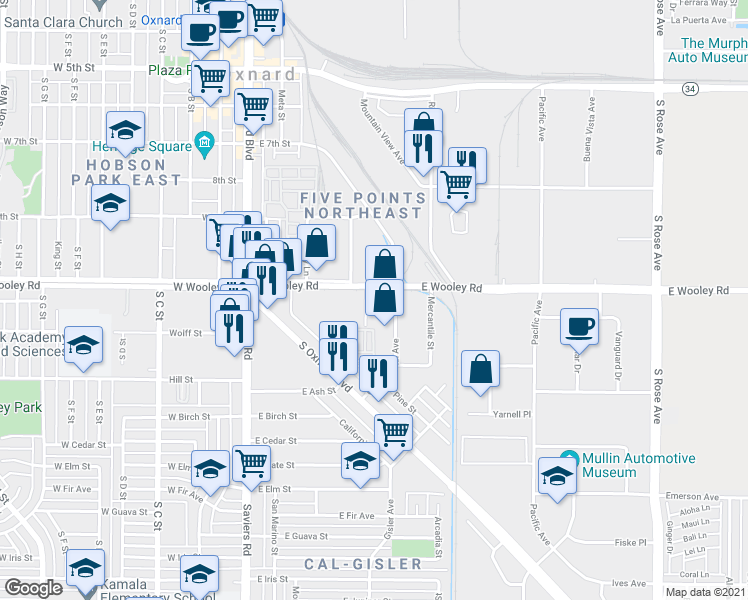 map of restaurants, bars, coffee shops, grocery stores, and more near 1120 Industrial Avenue in Oxnard
