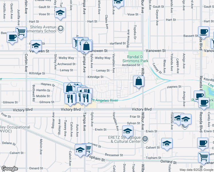 map of restaurants, bars, coffee shops, grocery stores, and more near 19200 Haynes Street in Los Angeles