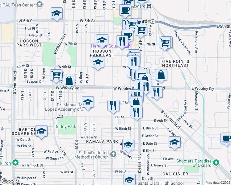 map of restaurants, bars, coffee shops, grocery stores, and more near 398 West Wooley Road in Oxnard