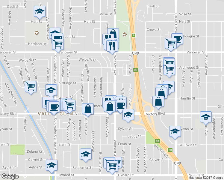 map of restaurants, bars, coffee shops, grocery stores, and more near 6533 Whitsett Avenue in Los Angeles